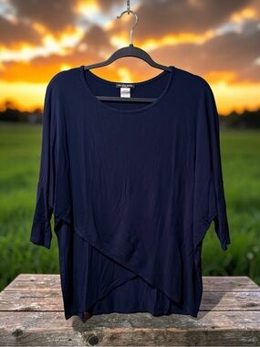 cha cha vente Navy Asymmetrical Layered Dolman Sleeve Rayon Tunic Top